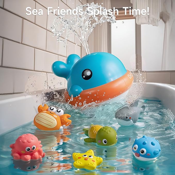 OR OR TU Light Up Whale Sprinkler Bath Toys for Baby Toddler, Mold Free No Hole Animal Bathtub Toys Set Water Toy for Kids 18M+