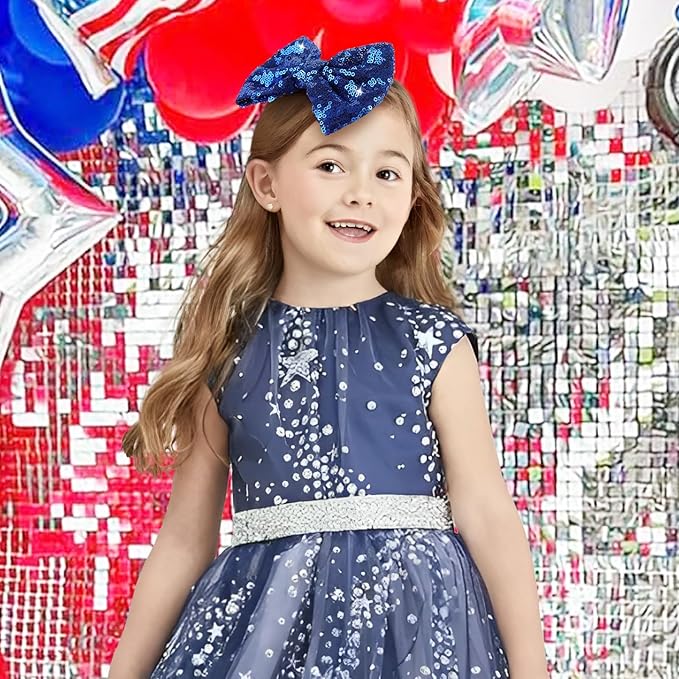 4th of July Alligator Clips with Sequins, Sparkly Glitter Hair Accessories for Toddler Girls - Patriotic Blue Baby Gift