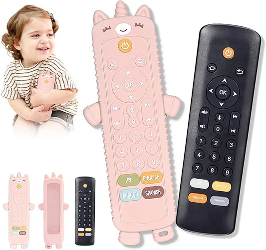 KIRALUMI Baby Remote Control Toy with Silicone Teether Cover - Baby Musical Toys, Early Number Learning in 3 Languages (English, Spanish & French), Preschool Infant Girl Toys 6, 9, 12, 18 Month.