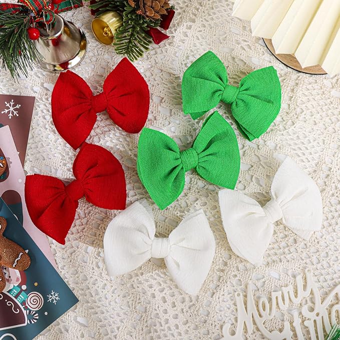 Baby Girls Christmas Hair Bows Clips Handmade Bow Hair Clips Christmas Hair Accessories Alligator Clip for Babies Infant Toddlers Little Kids 6 PCS Red White Green