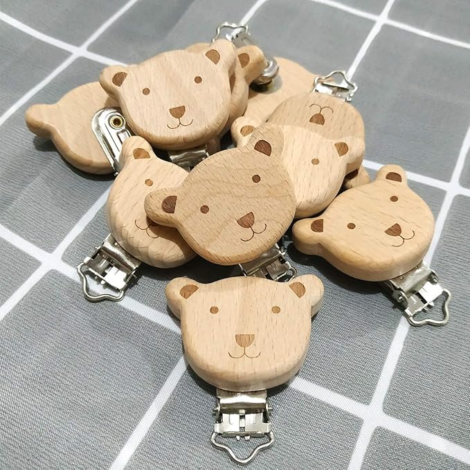 10pcs Natural Wood Suspender Pacifier Clips Cute Beech Wooden Animal Bear Shape Clips DIY Beading Pacifier Chain Accessory