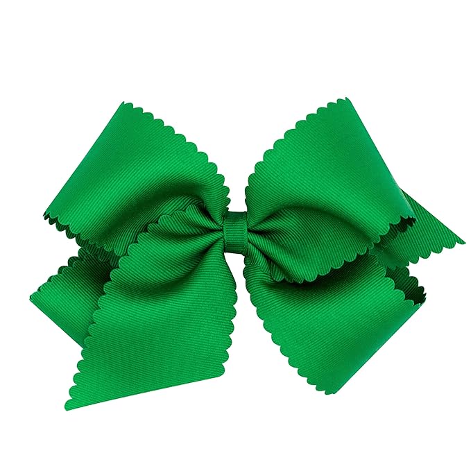 Wee Ones Girls' Classic Grosgrain Hair Bow with Scalloped Edges, No-Slip Hair Clip, Handmade, Green, Medium