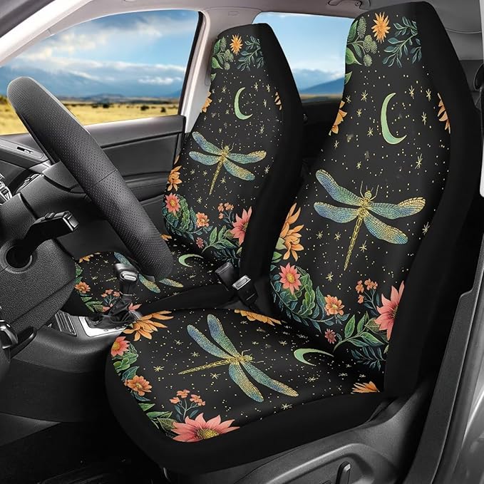 Dragonfly Car Seat Covers Elastic Fabrics Waterproof Car Seat Cover Easy to Install Auto Interior Accessories 2 Pcs Set for SUV, Vans,Sedan,Truck