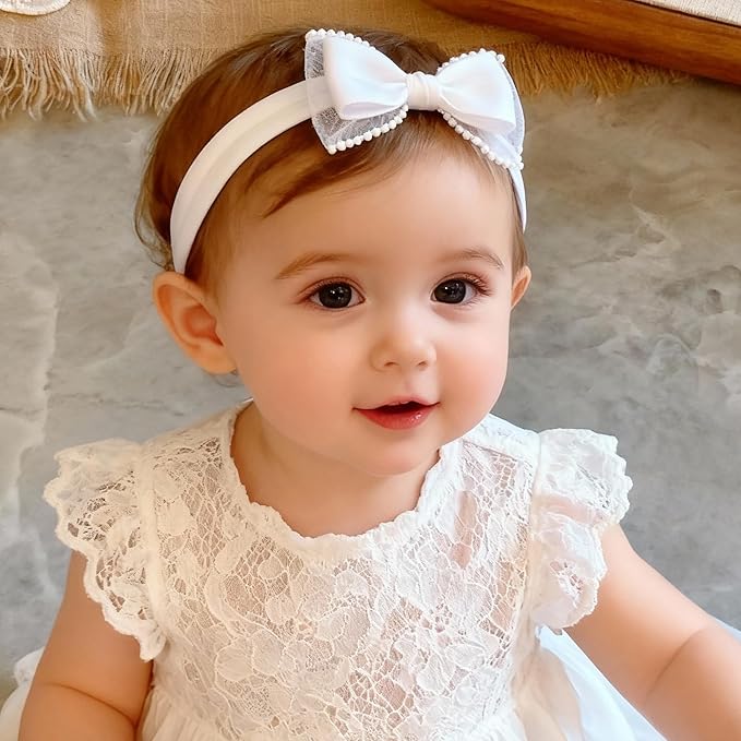 Baby Girls Headband White Bow Lace Headbands Soft Elastic Bowknot Hairbands Cute Hair Accessory for Newborn Kids Infant Toddler Baptism Birthday Party (White Bow)