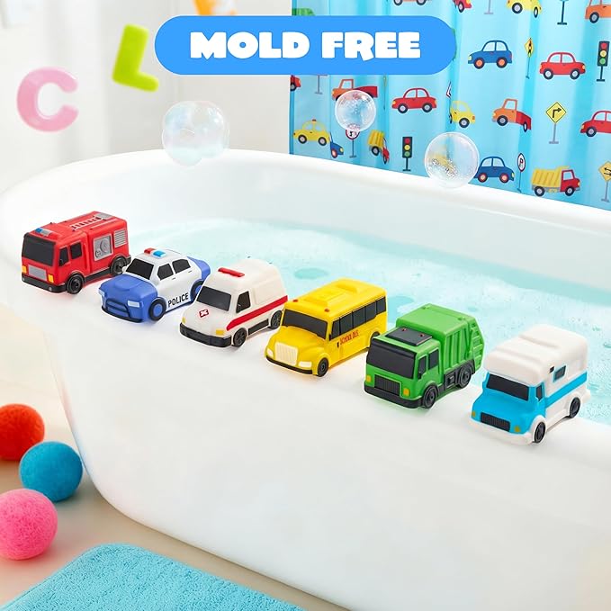 JOYIN 6 Pcs Car Bath Toys, No-Hole Sealed Bathtub Toys for Kids, Soft & Non-Toxic Water Vehicles, Squeezable & Floating Bath Toys for Boys and Girls, Bath & Pool Play