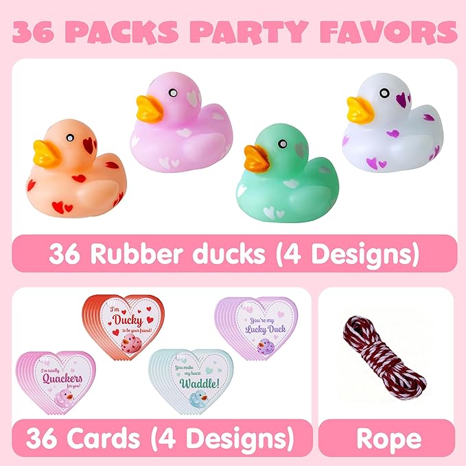 JOYIN 36 Pcs Valentine’s Day Mini Rubber Ducks with Cards for Kids, 4 Colors Duckies Bath Toys with 4 Card Designs for Classroom Exchange Prizes, Valentine Party Favors Toys