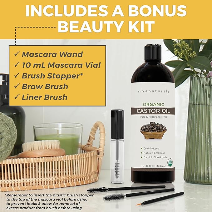 Viva Naturals Organic Castor Oil,Cold-Pressed,16 fl oz – For Face,Hair,Eyelashes,USDA Organic,Non-GMO - With Beauty Kit,(Pack of 2)