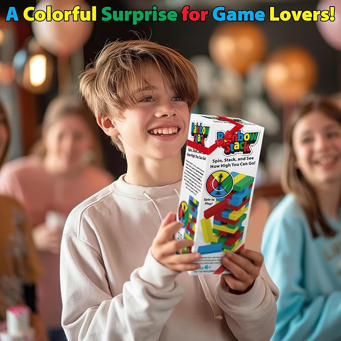 Funwares Rainbow Stack Wooden Blocks Stacking Game, Tumbling Tower & Balance Game, Family & Party Fun, Ages 6+, Color Spinner-Based Twist on Classic Stacking Games