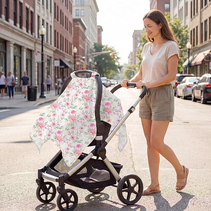Car Seat Cover Baby, 100% Muslin Cotton Infant Car Seat Canopy, Universal Baby Car Seat Cover, Breathable Nursing Cover Canopy Shower Gift Floral
