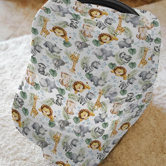 Jungle Friends Baby Car Seat Covers Safari Lion Giraffe Elephant Tropical Leaves Stretchy 5-in-1 Cover Adjustable Infant Carseat Cover Canopy Watercolor African Animals Breathable Nursing Cover-Up