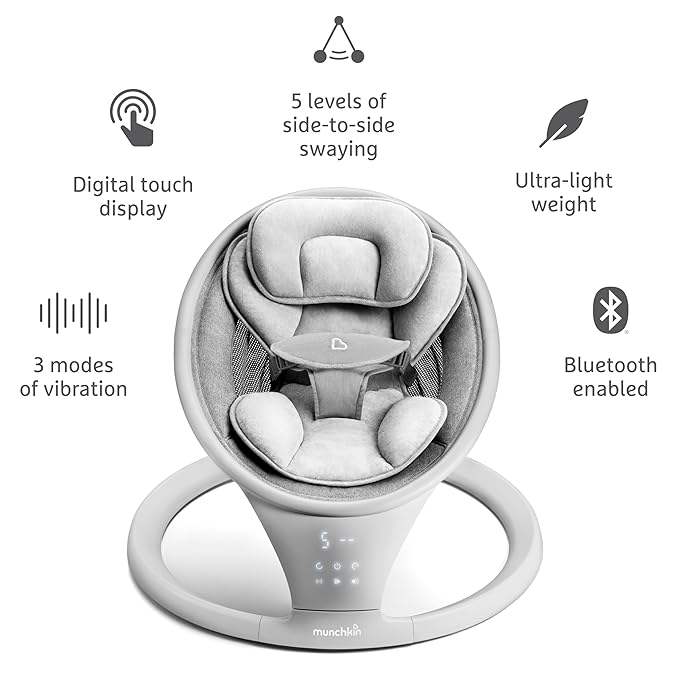 Munchkin Electric Baby Swing with Vibration - Portable Swing for Newborn and Infant, Bluetooth-Enabled Smart Seat with Music, Motion, and Sounds, Light Grey
