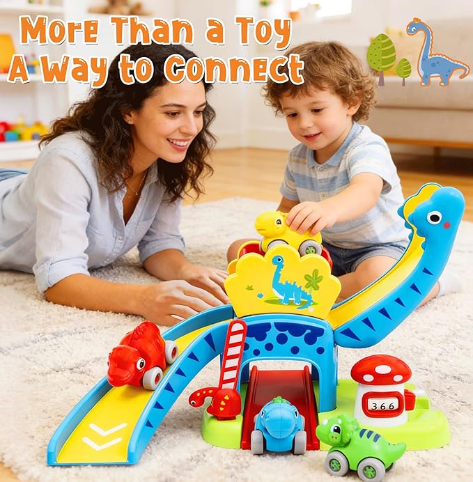 Toddler Toys for 1 2 Year Old Boy Gifts, Dinosaur Slide with 4 Dino Cars Montessori Learning Toys for Baby 12-18 Months, Educational First Birthday Gifts for Kids, Girls, Push Track for Toddlers 1-3