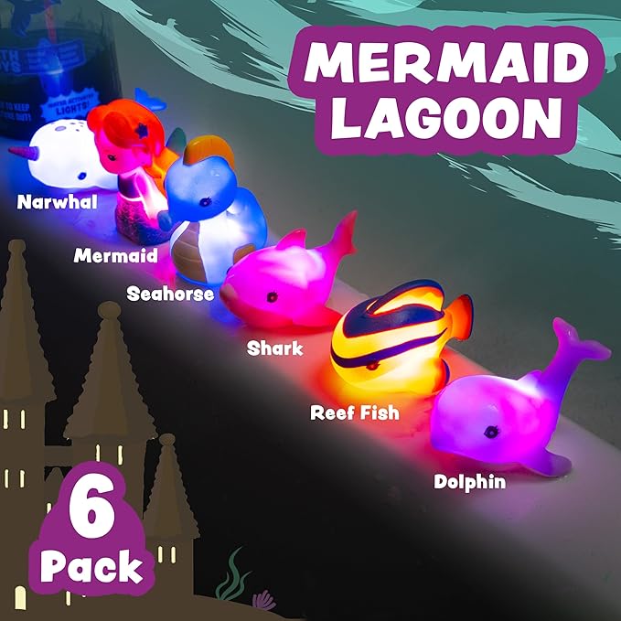 Tub Works® Mermaid Lagoon™ Light Up Bath Toys, 6 Pack | Water-Activated Light Up Toys Flash & Change Color | Easy-Grip Baby Girl & Toddler Bath Toys | Sensory Mermaid Toy Bathtub Toys with Bath Lights