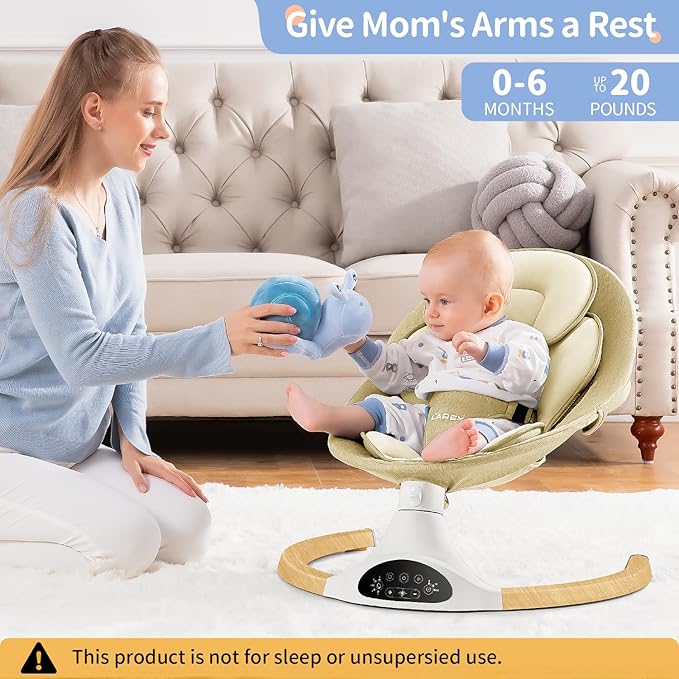LAREX Baby Swing Infant Swing Electric Toddler Baby Rocker Portable for Newborn Boy Girl, 5 Sway Speeds with Remote Control, 10 Preset Melodies and Bluetooth, 0-6 Months Max 20 Lbs (Khaki)