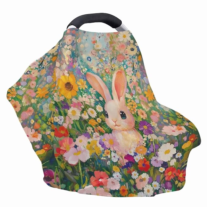 Wanyint Easter Rabbit Flower Colorful Stretchy Baby Car Seat Cover for Baby, Nursing Breastfeeding Covers, Shopping Cart High Chair Stroller Covers Infinity Scarf Car Seat Canopies