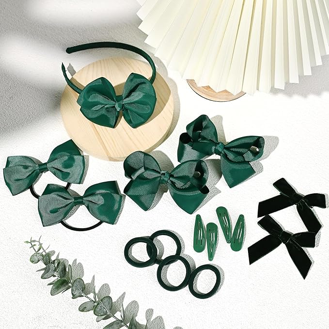 DEEKA Dark Green Uniform 15 Pieces Hair Accessories Set - Hair Bows, Hair Clips, Headband, Hair Ties for Little Toddler School Girls