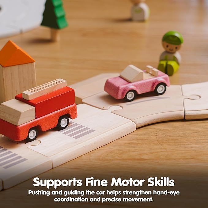 PlanToys® Pink Sports Car Wooden Montessori Vehicle Toy | Early Movement, Imagination and Practical Life Exploration | Eco Friendly Car for Indoor and Outdoor Play