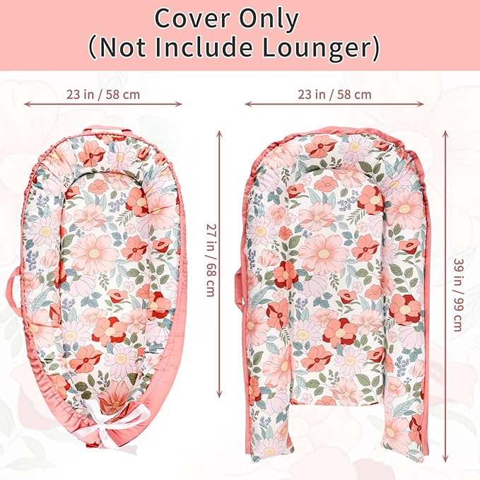 Baby Lounger Cover Girls, Cotton Newborn Nest Cover, Infant Lounger Replaceable Cover, Soft & Breathable, Reversible & Adjustable, Floral (Cover Only)