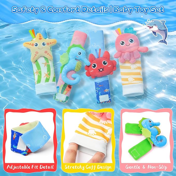 Baby Wrist Rattle Foot Finder Socks Set, CPC Safe Sensory Plush Toys for 0-12 Months Newborn Boys Girls, Ocean Rattles Baby Shower Registry Gift for Expecting Moms Essentials