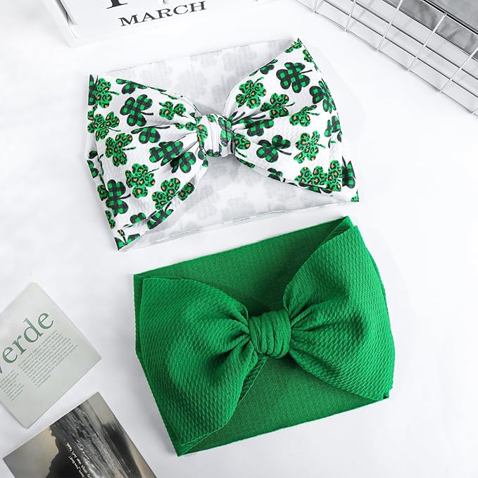 St. Patrick's Day 7 Baby Girl Nylon Hair Accessories: Clover Printed Elastics Bows Headbands for Newborn, Infant, Toddler (Green, 2Pcs)