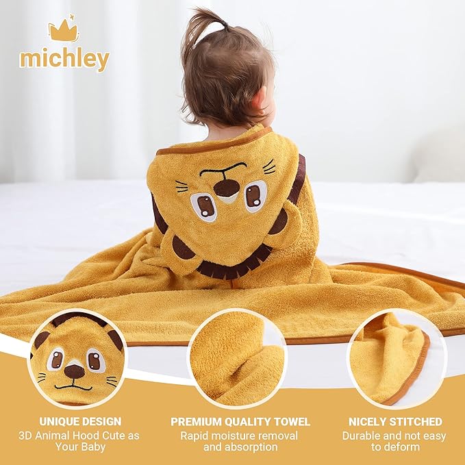 MICHLEY Bamboo Viscose Baby Hooded Bath Towel for 0-5 Years Boys and Girls, 29.5 x 39.5 Inch Ultra-Soft and Quick-drying Infant Bath(Lion)