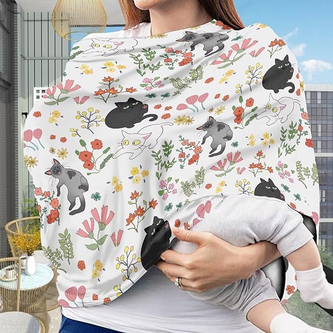AFPANQZ Cat Floral Car Seat Covers for Babies Stretchy Lightweight Extra Soft Traveling Nursing Cover Breastfeeding Shield Carseat High Chairs Gender Neutral Shopping Carts
