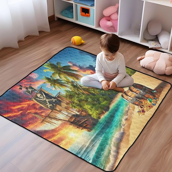 Tropic Pirate Ship Baby Play Mat for Floor, 50 x 50 Inch Soft Crawling Mat for Playpen, Waterproof Foldable Foam Baby Play Mats for Infants, Babies, Toddlers