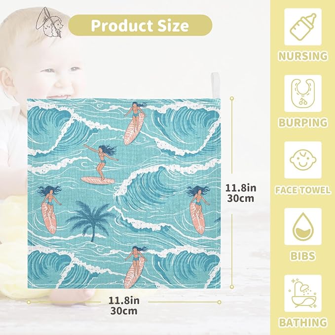 vvfelixl Summer Girl Surfing Baby Burp Cloths Baby Muslin Washcloths for Boys Girls Cotton Babys Face Towel for Newborn Infants Soft and Absorbent 11.8 X 11.8 in, 5 Pack
