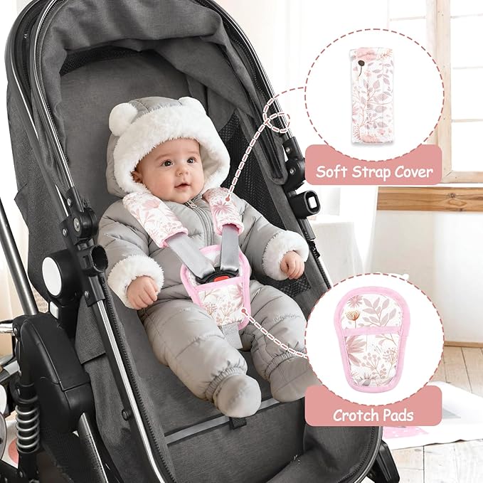 Baby Car Seat Strap Pads Suit, 3 Pieces Soft Car Seat Strap Shoulder Covers for Baby Infant Toddler, Double-Sided Car Seat Belt Covers for Stroller, Pushchair, Baby Swing, Pink Floral