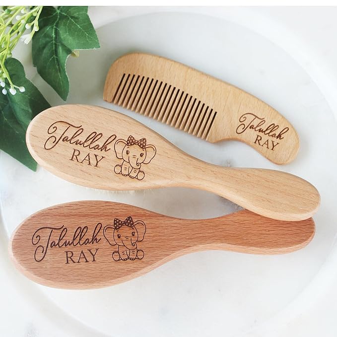 Baby Hair Brush | Personalized Baby Gifts | Brush | Wooden Brush Set | Perfect For Cradle Cap | Natural Goat Hair | 3 Piece Set | Elephant Design