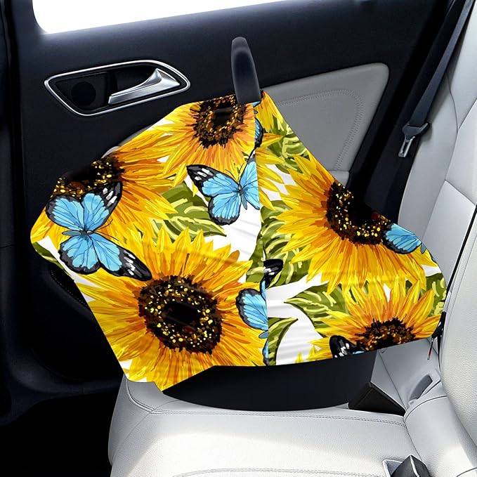 Baby Car Seat Stroller Covers Sunflower and Butterfly Nursing Cover Breastfeeding Scarf Soft Breathable Stretchy Infant Car Canopy Coverage Carseat Cover for Boys and Girls Multi Use