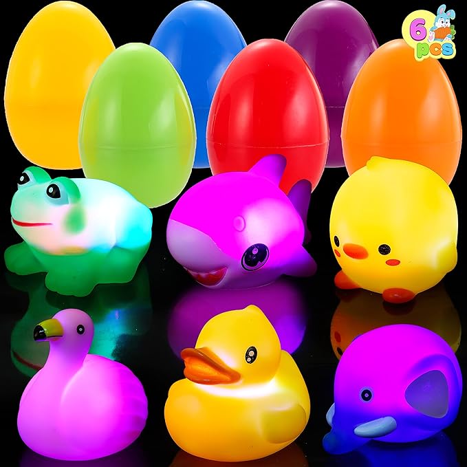 JOYIN 6 Pcs Prefilled Easter Eggs with Floating Animal Light-up Bath Toys, Luminous Bathtub Toys for Kids Easter Eggs Hunt, Toddler Party Favor, Basket Stuffers Filler, Classroom Prize Supplies