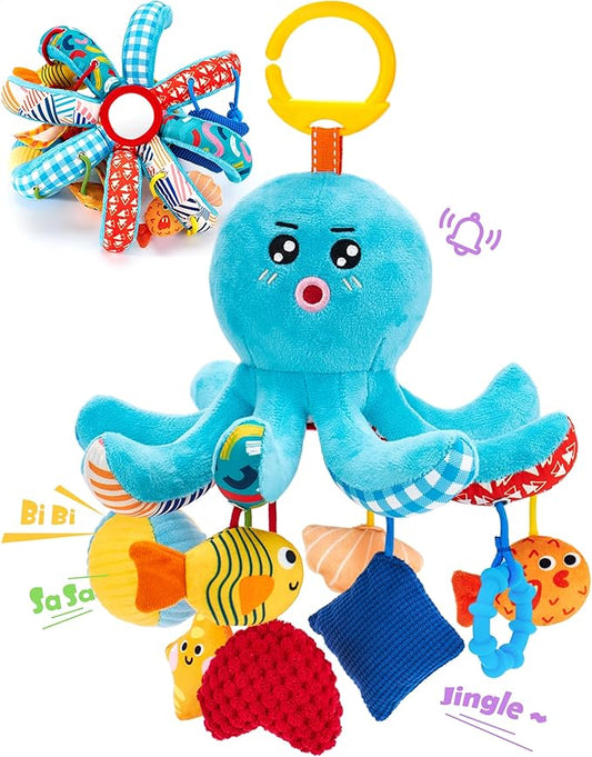 hahaland Baby Toys 0-6 Months - Car Seat Toys Octopus Toy with Pulling Cords, Squeaky, Crinkle, Rattle, Mirror, Montessori Newborn Sensory 4 Month Babies Gift Stroller Carseat Hanging Toy for Baby Gym