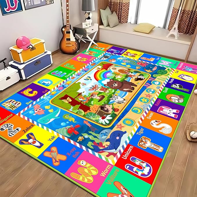 Baby Play Mat for Floor, ABC Kids Rugs for Playroom, Forest Animals Kids Play Mat for Bedroom Classroom, Educational Rug for Baby Toddler Kid (Green, 78.7X59 INCH)