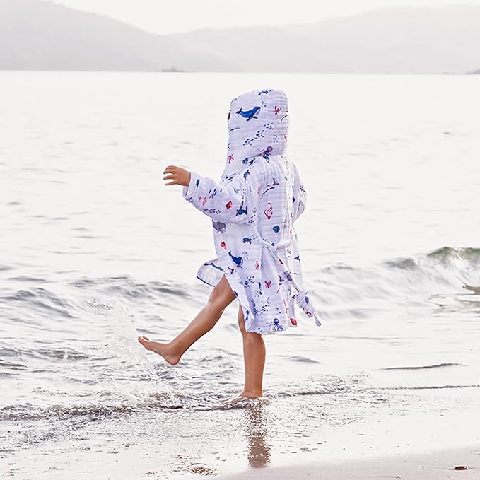 Malabar Baby Organic Cotton Muslin Wearable Hooded Towel, Bath, Pool & Beach Cover-up for Size 5-6 Years - Under The Sea