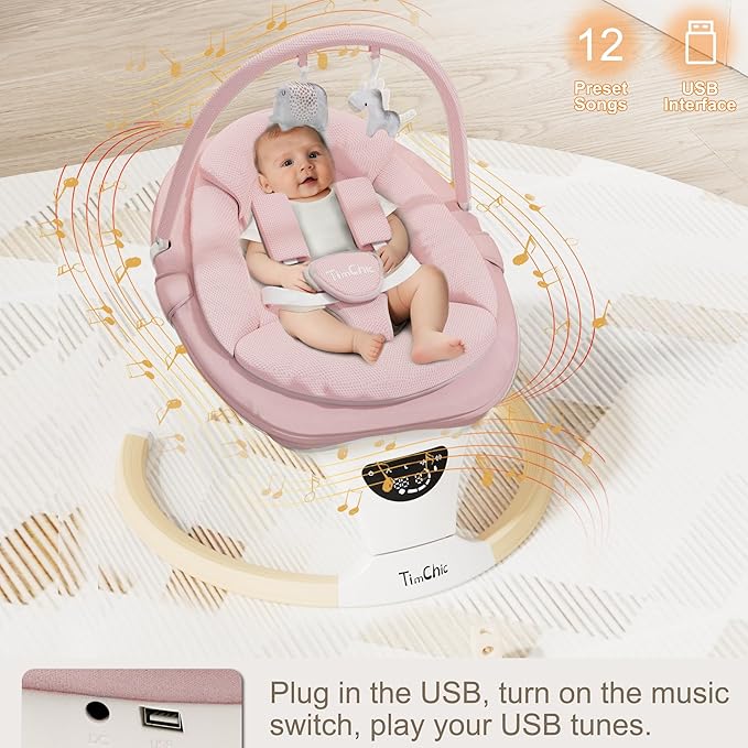 Baby Swings for Infants, Portable Infant Swing with 5-Speeds, 3-Adjustable Height, 3 Timer & 12 Lullabies, Mutil-Function Electric Swing for Baby, Indoor & Outdoor Use (Pink)