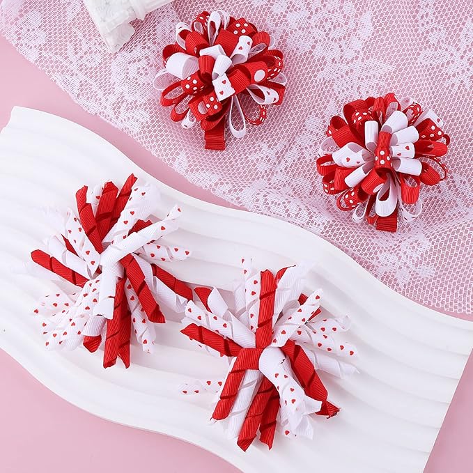Valentines Korker Hair Bows 3'' Toddler Baby Girls Curly Corker Bow Alligator Clips Red Heart Grosgrain Ribbon Fireworks Flowerball Accessories Kids Xmas Gift