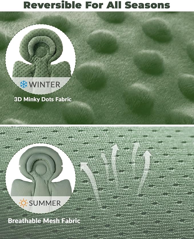 TinlyFinly Infant Car Seat Insert with Extra Cushion for Preemie to Toddler, Reversible Newborn Carseat Insert for Baby Head Body Support, Fits for Stroller, Baby Swing, Bouncer - Dots, Dark Green