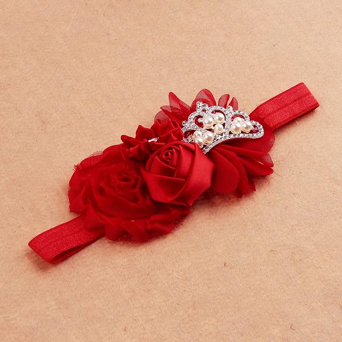 Nishine Baby Christening Headband Toddler Girls Fabric Flower Headband Tiara Stretchy Elastic in Pairs (Child, Red/Black)