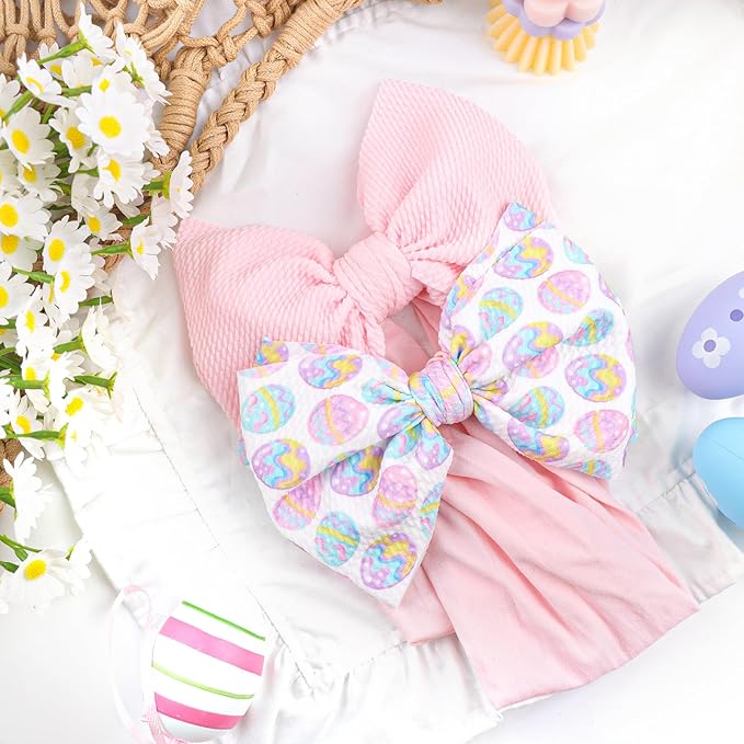 6” Easter Baby Bows Rabbit Egg Bows for Girls Newborn Easter Bunny Ears Hairbands Elastic Nylon Bows Headbands Easter Hair Accessories Pink White Blue