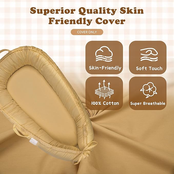 Baby Lounger Cover for Boys and Girls, Khaki 100% Cotton Baby Nest Cover, Breathable Replacement Cover for Infant and Newborn Snuggle Me Lounger, Cover Only