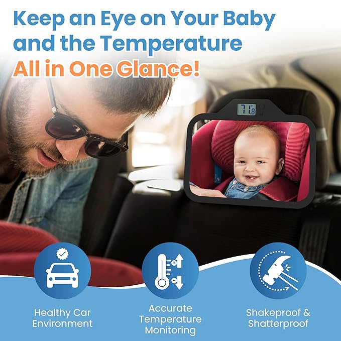 Theromirror - Baby Car Mirror with Temperature Display, Rear Facing Car Seat Mirror, Newborn Essentials, Wide Angle (Black)