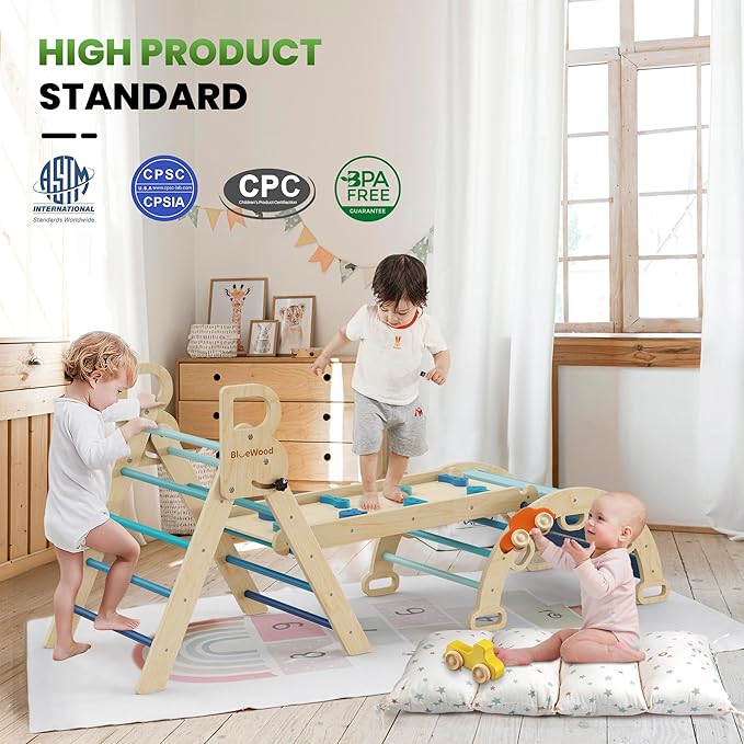 BlueWood Pikler Triangle Set with Cushion - Climbing Toys for Toddlers 9-in-1, Montessori Philosophy Play Jungle Gym with Arch, Ramp, Ladder (Blue)