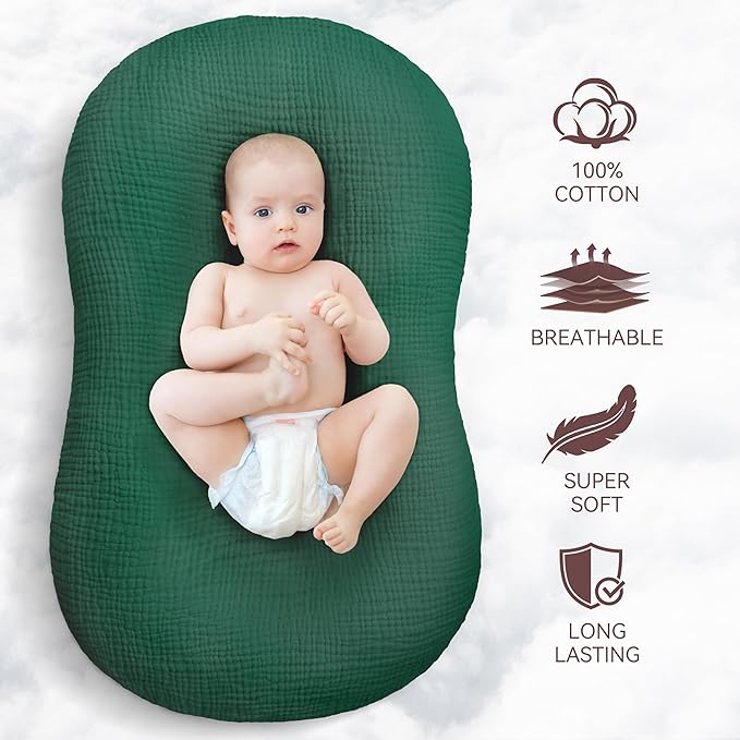 Muslin Baby Lounger Cover 1 Pack, Cotton Soft Breathable Infant Nest Slipcover, Envelope Closure, Compatible with Snuggle Me Loungers, Machine Washable, Cover Only, for Boys Girls(Green)