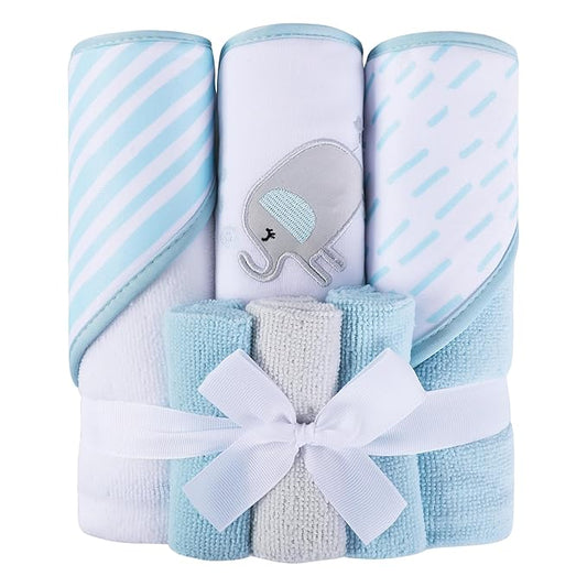 Viviland Baby Towels and Baby Wash Cloths Set Hooded Baby Towels Baby Wipes Absorbent Bath Face Towels Burp Cloths or Face Towels for Girl Boy 6-Pack Size 28 x 28 Inch(Blue Elephant)