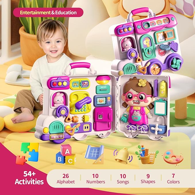 54-in-1 English & Spanish Musical Busy Board Montessori Toys, Early Educational Montessori Toy for 1 2 Year Old Girl, Bilingual Learning Toy Gifts for 1+ Year Old Girl