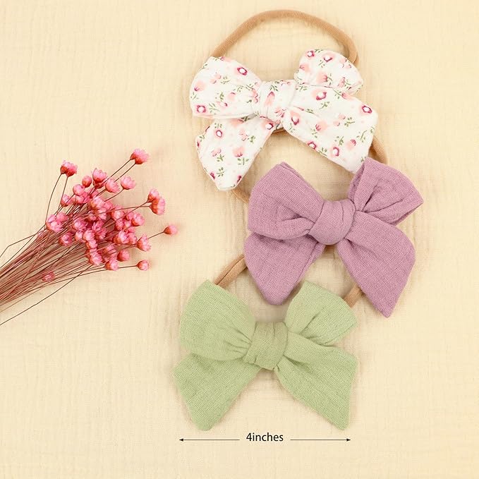 LemonSpace 4" Handmade Baby Girl Bows and Headbands,10 pcs Strechy Soft Nylon Hairbands Hair Bows for Newborns Infants Toddlers Elastic Baby Hair Accessories for Girls Gifts