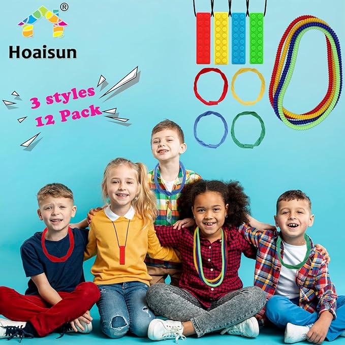 Sensory Chew Necklaces 12 Pack, Stretchy Chewy Necklace Sensory Toys for Kids with Autism, ADHD, Biting, Teething Needs, Silicone Blocks Chewing Toys for Boys Girls Adults Reduce Anxiety Fidget