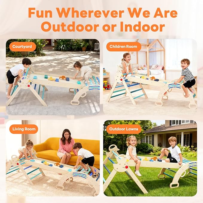 DUMOS Pikler Triangle Set, Toddler Climbing Toys and Play Structure Indoor, 9-in-1 Wooden Montessori Climbing Set with Arch, Ramp and Ladder, Foldable Baby Jungle Gym