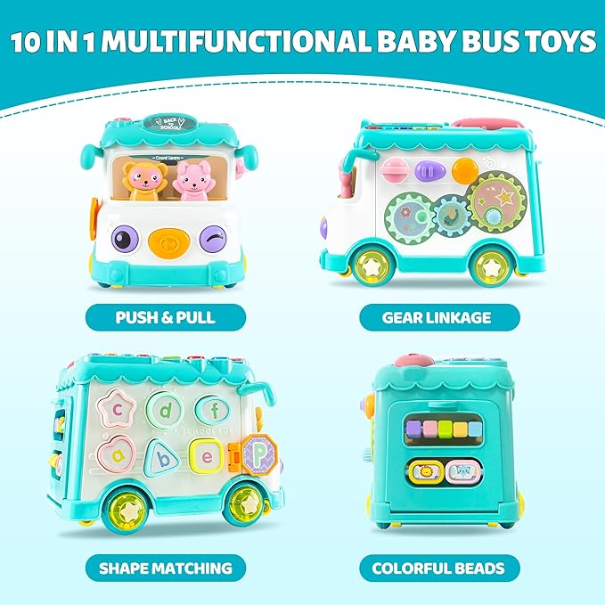Toys for 1 Year Old Girl Gifts, 10-in-1 Montessori Toys Bus for Baby 6-12 12-18 Months, Educational Musical Learning Toddler Toy Age 1-2, 1st First Birthday Gifts for Girls and Boys, Blue